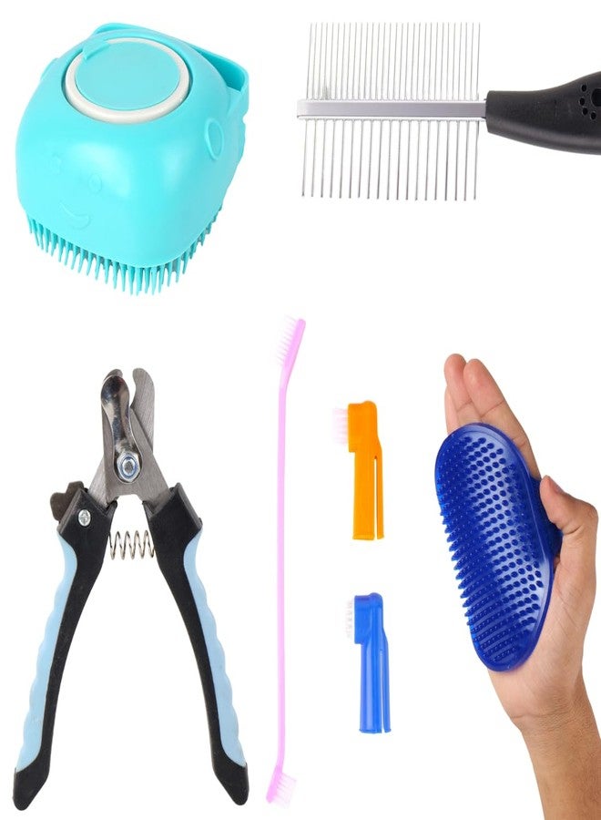 مجموعة أدوات العناية بالكلاب، 5 قطع تتضمن فرشاة سيليكون، مشط معدني، مقص أظافر، فرشاة أصابع، فرش أسنان، أدوات كاملة للعناية بالكلاب